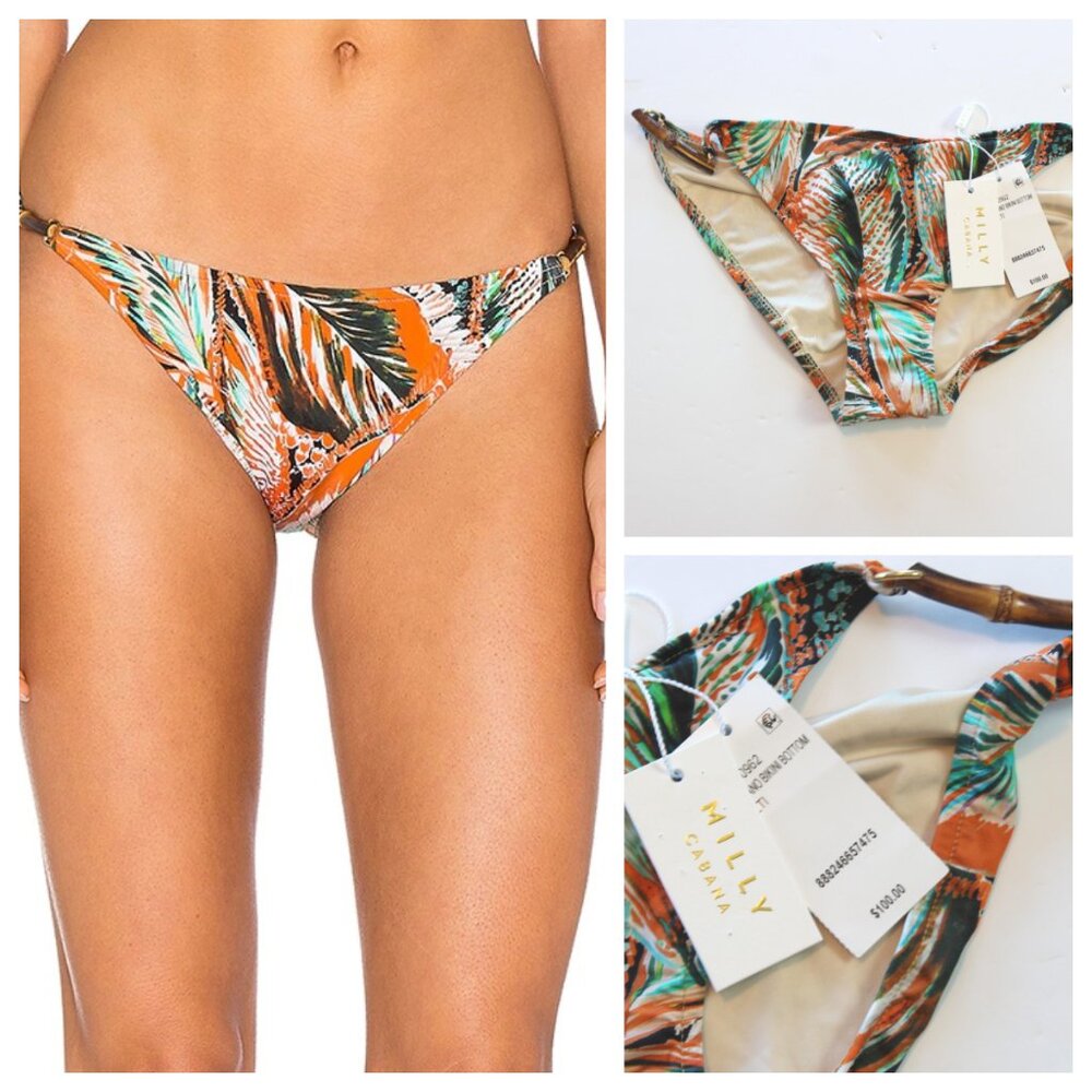 Milly Cabana Positano Tropical Floral Side Bikini Bottom Bamboo Hardware Small